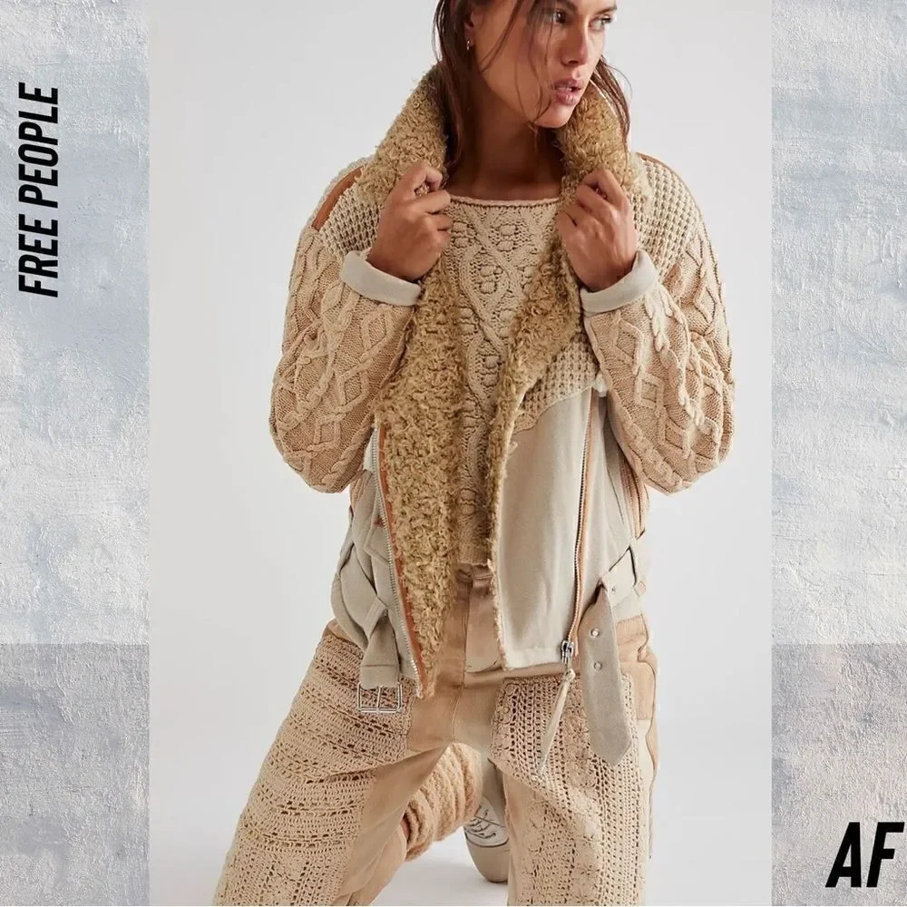 FREE PEOPLE COZY KNIT MIX MOTO JACKET NWT SIZE LARGE CREAM TAN